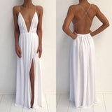 New Style Sexy Backless Long V-Neck Halter Sleeveless Simple Cheap Pink Prom Dresses