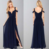 Navy Blue Off-The-Shoulder Long Chiffon Formal With Straps Sleeves Modest Bridesmaid Gown