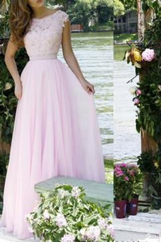 Pink Lace Bodice Prom Dresses Modest Long Evening Gowns For Formal Women Party Gown