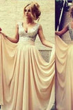 Champagne Nude Chiffon Long Off the Shoulder V-Neck Sequin Beads Bodice Prom Dresses