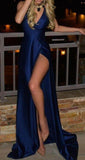 Royal Blue Long Cheap Slit Satin Deep V-Neck Sleeveless Floor-Length Prom Dresses