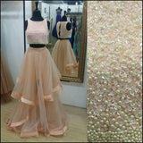 Pretty Two Pieces Beading Tulle Prom Dresses Beads Prom Gowns Cheap Prom Dress
