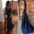 Simple Dark Navy Deep V-neck Split Long Prom Evening Gowns with Train Prom Dresses