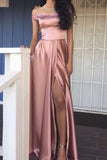 prom dresses fashion pink off the shoulder prom dress sexy slit evening