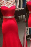 New Style Sparkle Red Beaded Bodice Long Lace Satin Mermaid Sexy Prom Dresses