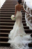Backless White Lace Mermaid Spaghetti Straps Long Tulle Sexy Open Back Dress For Bridal