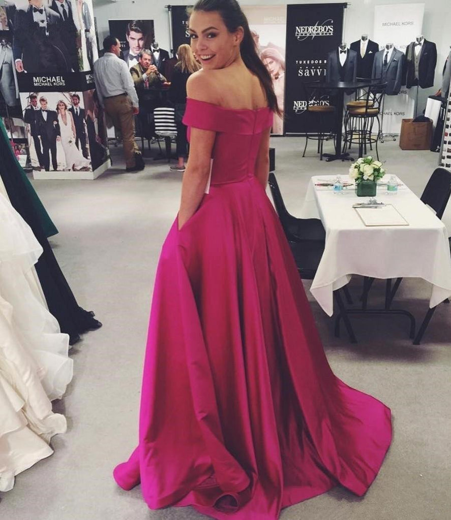 Off-the-Shoulder with Pockets Open Back Scoop A-line Simple Cheap Long Prom Dresses