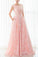 Pink lace round neck A-line long prom dresses for teens graduation