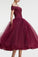 Vintage Princess Off the Shoulder Tea Length Ball Gown Scoop Burgundy Homecoming Dress