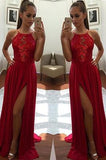 Sexy Unique Red A-Line Halter Split-Front Formal Dress Chiffon Sleeveless Long Prom Dresses