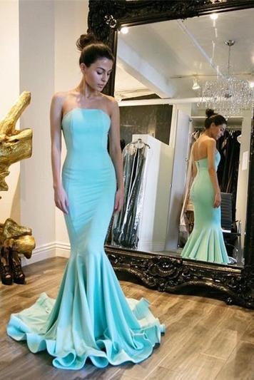 Sexy Elegant Strapless Mermaid Backless Long Green Backless Sleeveless Prom Dresses