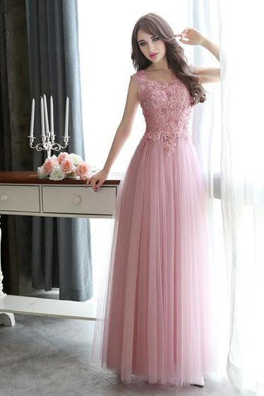 Modest Scoop Neck Tulle Pearl Detailing Lace-up Floor-length Sleeveless Prom Dresses