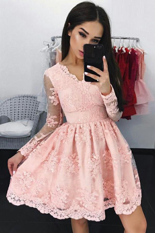 Cute A Line Long Sleeves V Neck Pink Lace Appliques Above Knee Homecoming Dresses