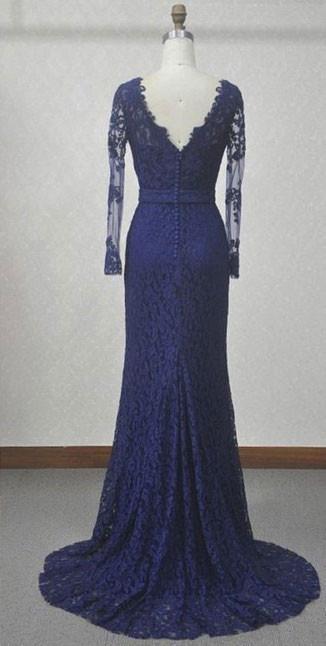 V-Neck Navy Blue Lace Mermaid Long Sleeves Open Back Floor-length Prom Dresses