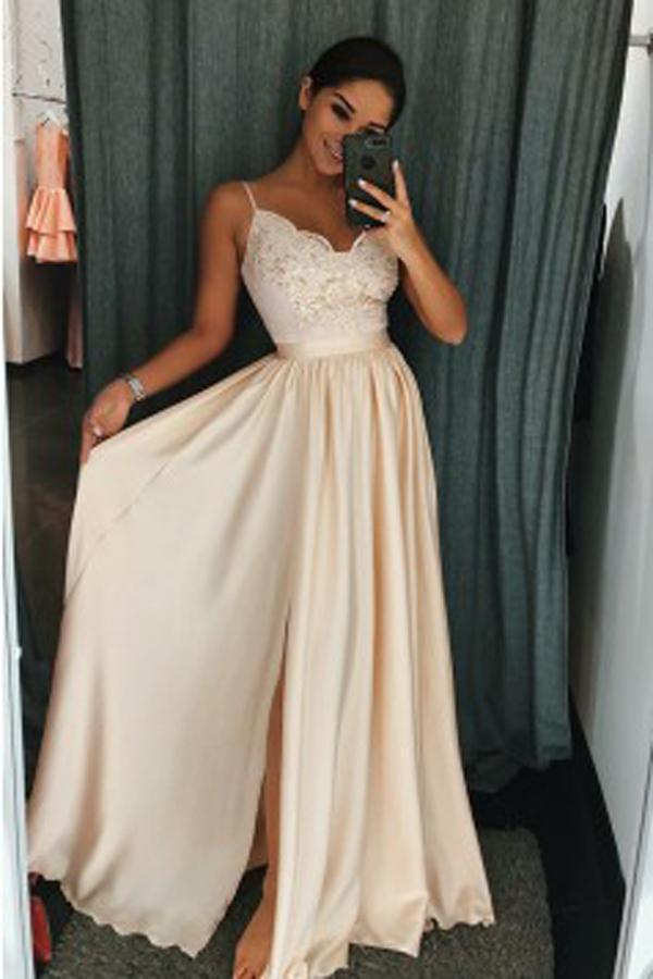Pearl Pink Elastic Satin A-Line Spaghetti Straps Side Slit Prom Dress with Appliques