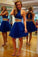 Two Piece Scoop Short Tulle Backless Royal Blue Cocktail Homecoming Dress with Beaded