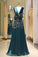A Line V Neck Green Floor Length Satin Prom Dress with Backless Sequins Beading
