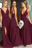 Burgundy A Line Deep V Neck Cheap Bridesmaid Dresses For Wedding