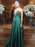 Luxury green satins deep V-neck sequins applique A-line long dress evening
