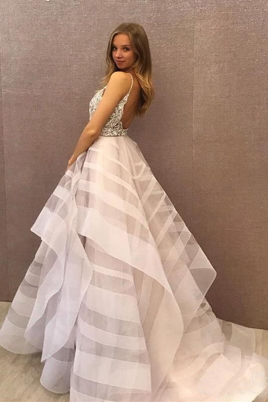 Chic A-Line Scoop Tulle Sparkly Beading Ball Gown Asymmetrical Backless Prom Dresses
