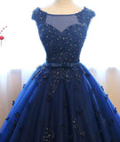 Dark Blue Tulle Lace Beads Ball Gown Open Back Sweet 16 Dress Quinceanera Dresses