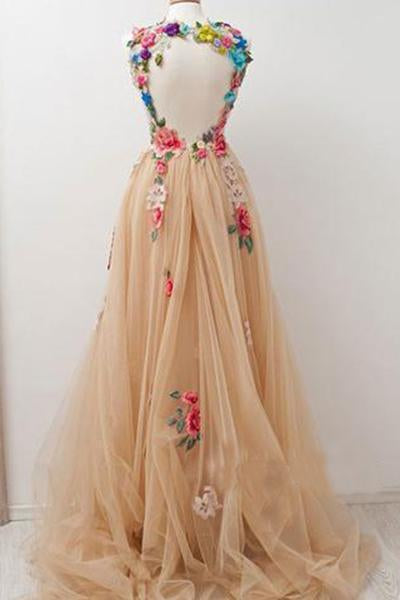 A-Line High Neck Round Neck Tulle Applique Open Back Long with Flowers Prom Dresses