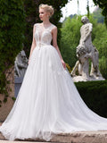New Style A-line Scoop Neck Tulle Appliques Lace Court Train Backless Wedding Dress