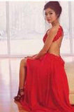 Red Backless Sexy Lace Unique Halter A-Line Slit Criss Cross Sleeveless Prom Dresses