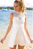 White Simple Short Cheap Open Back Sleeveless Cute Lace Graduation Homecoming Dress