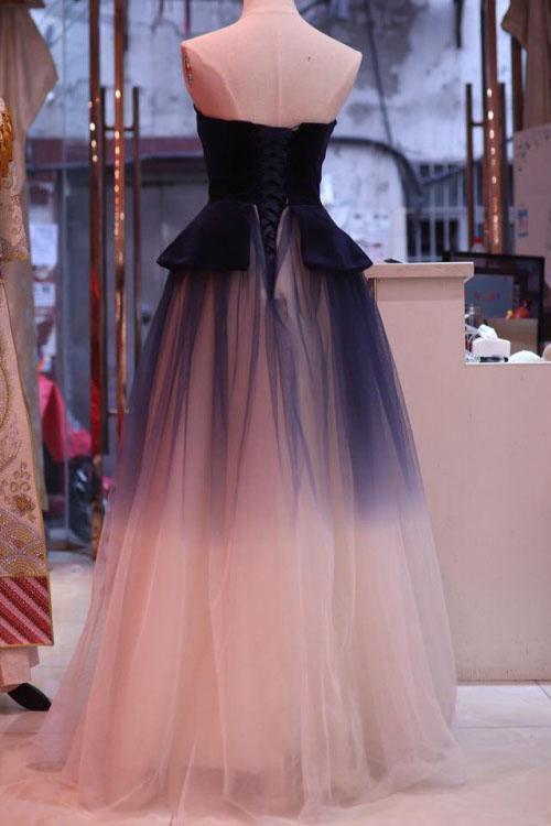 A Line Ombre Blue Tulle Long Prom Dress Unique New Style Strapless Evening Dress