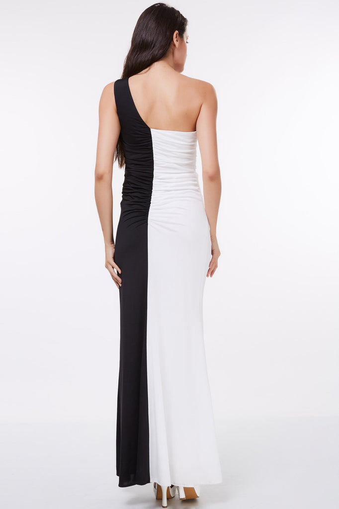 Mermaid Long Black and White Floor Length One Shoulder Beads Ruffles Prom Dresses