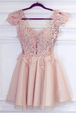 Cute Satin Pink Deep V Neck Appliques Short Prom Dresses Homecoming Dresses