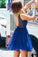 Cute A Line V Neck Chiffon Beads Royal Blue Short Homecoming Dresses with Appliques