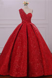 Ball Gown One Shoulder Sequins Red Sweetheart Prom Dresses Quinceanera Dresses
