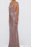 Elegant Mermaid Pink Simple Sexy Spaghetti Straps Sequin V Neck Backless Prom Dresses