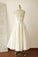 Ivory Sleeveless Illusion Boat Neck Tea Length Beach Wedding Gowns