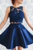 Two Piece Dark Blue Satin Cute Short A-Line Homecoming Dress with Lace Appliques