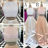 Pretty Two Pieces Beading Tulle Prom Dresses Beads Prom Gowns Cheap Prom Dress