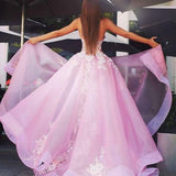 New Style A-Line Sweetheart Straps Pink Tulle Prom Dresses with Lace Appliques