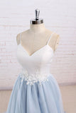 Simple A-Line Light Blue Sweetheart Spaghetti Straps Chic Blue Tulle Backless Prom Dresses
