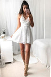A Line V Neck Spaghetti Strap Short Lace White With Criss-Cross Mini Homecoming Dress